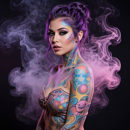 Photographic portrait of a tattooed woman with vibrant purple hair, colorful tattoos, and smoke swirling around her, wearing a beaded top, against a