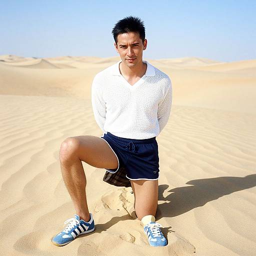 Photograph of a young Asian man with spiky black hair, wearing a white long-sleeve shirt, black shorts, and blue sneakers, kneeling