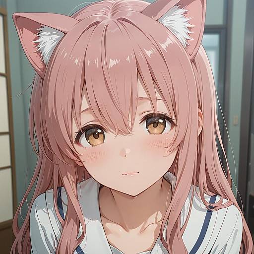 Shy Pink-Haired Catgirl Anime Screencap