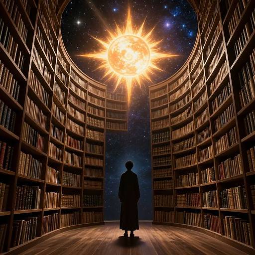 Silhouetted figure in long coat stands before glowing sunburst between towering bookshelves filled with books, set against a starry night sky.