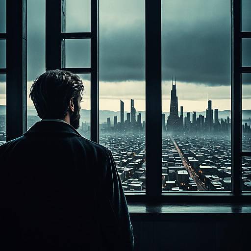 Contemplative Interior Figure Facing Futuristic Vista