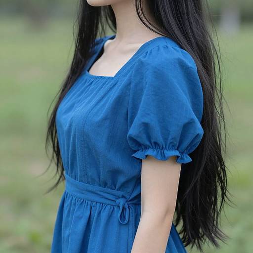 Photograph of an Asian woman with long black hair, wearing a blue puffed-sleeve dress, standing outdoors with a blurred green background.