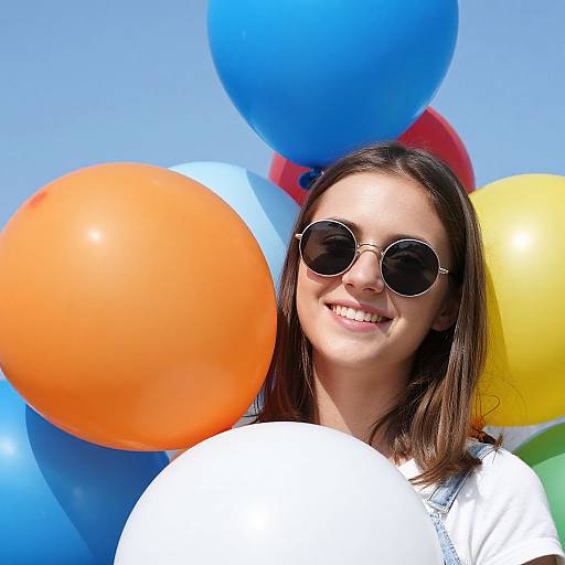 Photograph of a smiling young woman with brown hair, wearing round sunglasses, and a white shirt, surrounded by colorful balloons (blue, orange, yellow