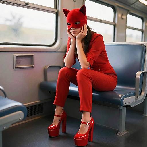 Woman in Red Costume Sitting on Train