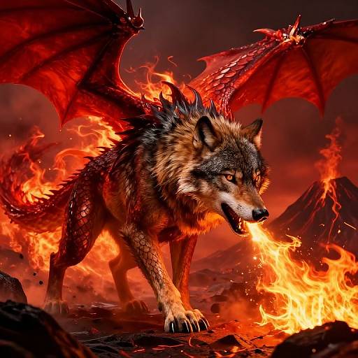 Digital artwork of a fierce, fiery red-eyed wolf with bat-like wings, standing amidst blazing flames and volcanic rocks, exuding intense power and mythical energy