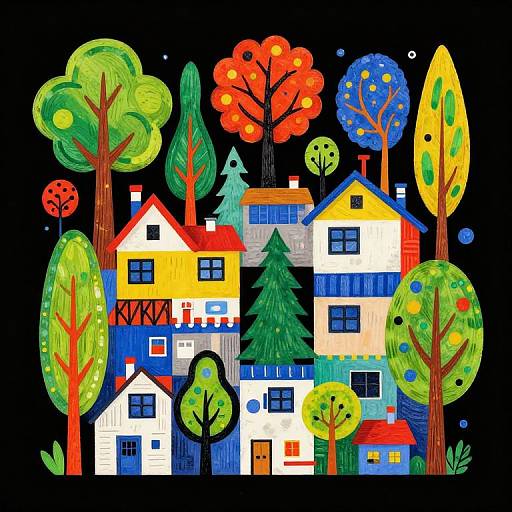 Colorful Stylized Houses and Trees Illustration