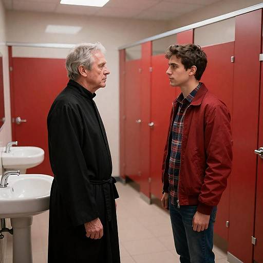 Two Men Confront in Vibrant Restroom