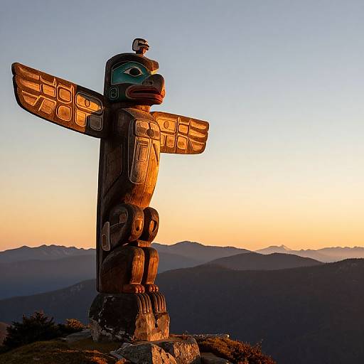 Photograph of a Native American totem pole at sunset, illuminated by warm golden light, with mountainous landscape and clear blue sky in the background.