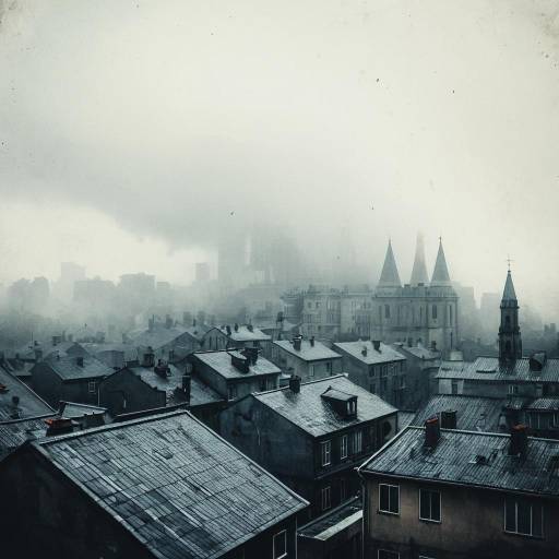 Foggy City Rooftops with Gothic Church