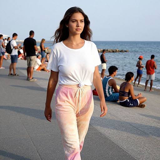 Photograph of a confident brunette woman with long hair, wearing a white t-shirt and pink sweatpants, walking along a seaside promenade with people in