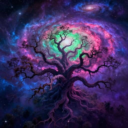 Digital art of a dark, gnarled tree with twisting roots silhouetted against a vibrant, swirling galaxy of neon pinks, blues,