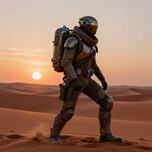 Photorealistic digital artwork of a futuristic soldier in full armor, backpack, and helmet walking through a sunlit desert at sunset.