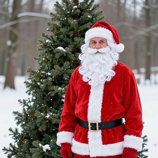 Photograph of a man in a red Santa Claus outfit with a white beard and hat, standing in front of a snow-covered Christmas tree in a win
