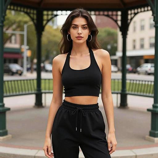 Photograph of a young woman with long dark hair, wearing a black sports bra and black pants, standing confidently in a park gazebo with urban background