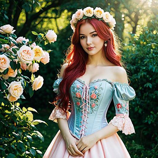 Young Woman in Floral Fantasy Costume in Garden