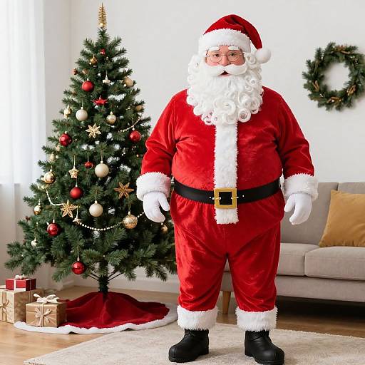 Photograph of a Santa Claus in traditional red outfit with white trim, standing in front of a decorated Christmas tree and living room.