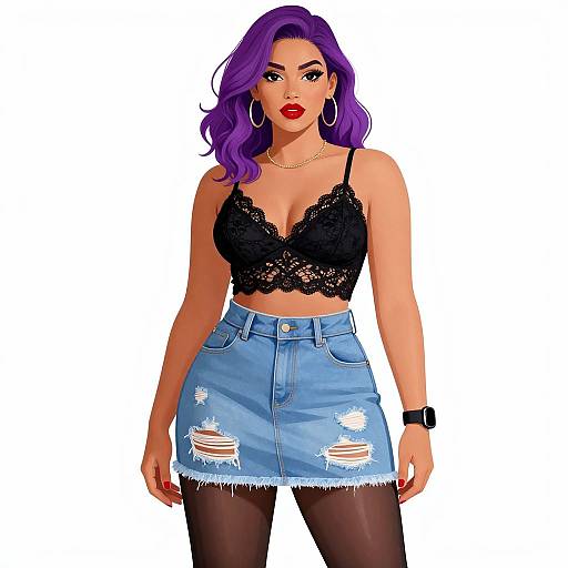 Digital illustration of a curvy woman with purple hair, wearing a black lace crop top, blue distressed denim skirt, black tights, red lipstick,