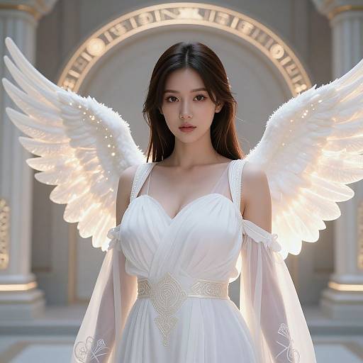 Ethereal Angel Woman in Futuristic Temple