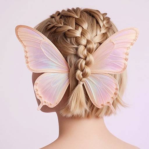 Photograph of a blonde woman's back, showcasing a braided crown adorned with translucent pink butterfly wings. White background.