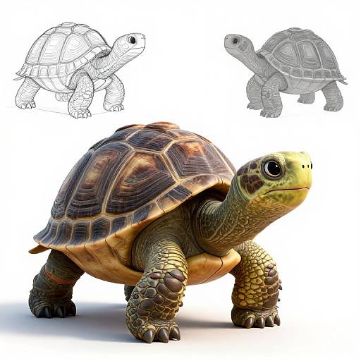 Digital illustration of a detailed, colorful turtle with realistic textures, alongside two smaller, grayscale line drawings of turtles above.