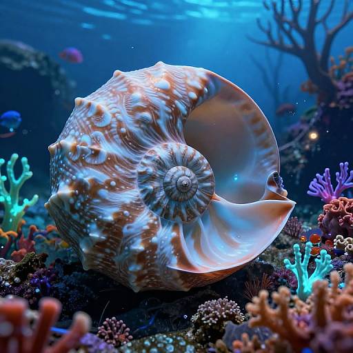 Photograph of a large, spiral-shelled conch shell with white and brown stripes, resting on a vibrant underwater coral reef, illuminated by blue light