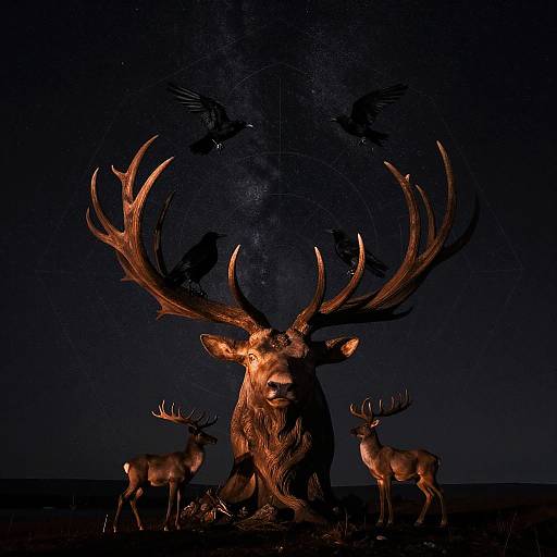 Photograph of a dramatic, illuminated sculpture of a large stag with enormous antlers, flanked by smaller stags, with silhouetted birds