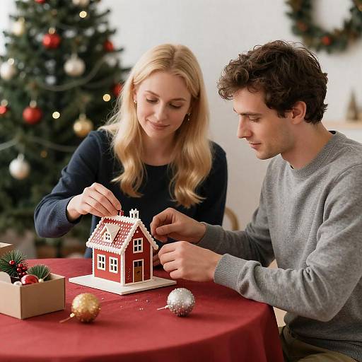 Couple Assembling Small Christmas House