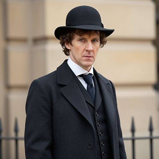 Photograph of a white man with curly brown hair, wearing a black Victorian-style suit, tie, and bowler hat, standing in front of a