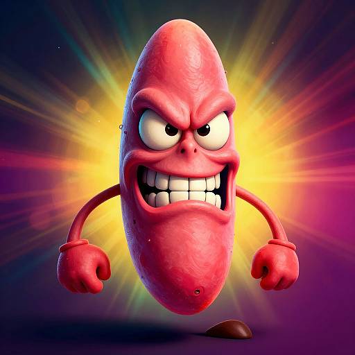 CGI cartoon of an angry, red, egg-shaped character with clenched teeth, raised eyebrows, and red fists, set against a colorful, radiant