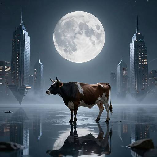 Digital artwork of a brown and white cow standing on a reflective, misty urban plaza at night, with a bright full moon and tall skyscrapers