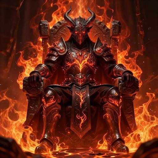 Digital artwork of a demonic, armored figure with glowing red eyes and horns, seated on a fiery throne, surrounded by intense flames. Dark, ominous background
