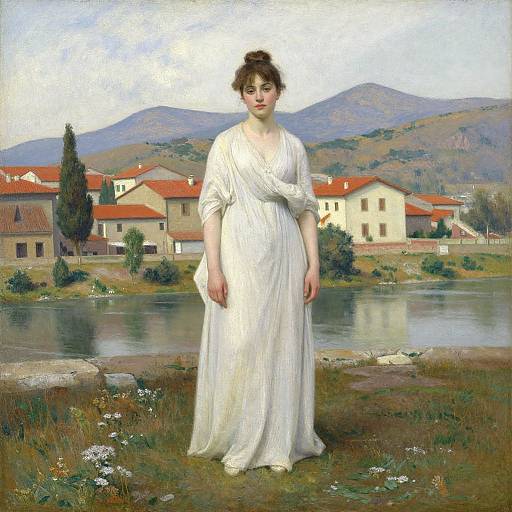 Realistic oil painting of a pale-skinned woman with dark hair in a white, flowing gown standing by a tranquil lake with red-roofed houses