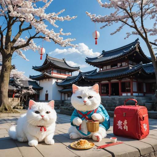Serene Cat Enjoys Noodles Under Blossoms