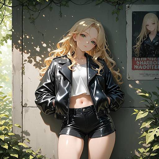 Blonde Girl in Oversized Leather Jacket