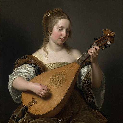 Baroque-style painting of a fair-skinned woman with brown hair playing a wooden lute, wearing a brown and white embroidered dress, against a dark
