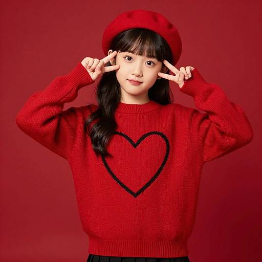 Photograph of an Asian girl with black hair, wearing a red beret and sweater with a heart design, making peace signs against a solid red background