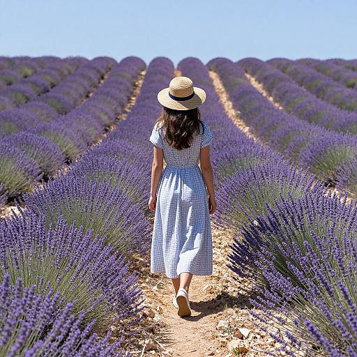 Photograph of a woman in a blue checkered dress and straw hat walking through vibrant, purple lavender fields under a clear blue sky.