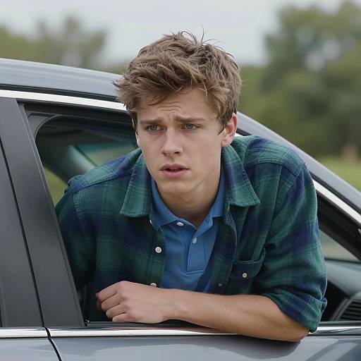 Concerned young man leaning out car window
