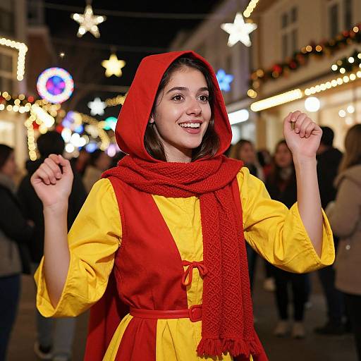 Photograph of a smiling young woman in a red hood and yellow dress, with a red scarf, celebrating in a festive, brightly-lit street at