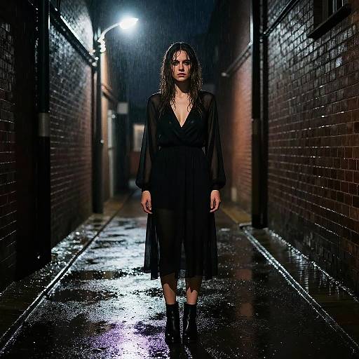 Photograph of a wet, dark-haired woman in a black, long-sleeve dress standing in a rain-soaked, dimly lit alley with