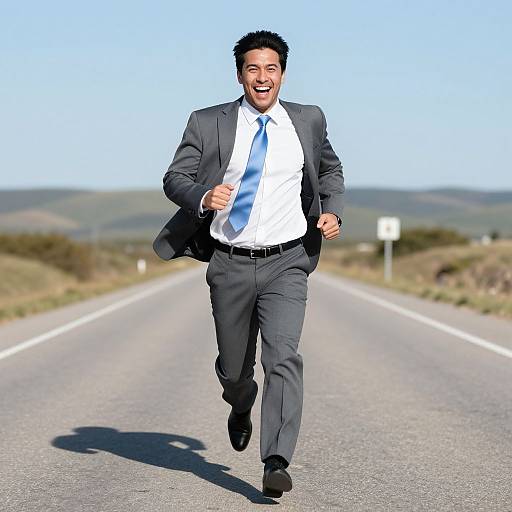 Photograph of a smiling man in a dark suit and blue tie, running joyfully down a deserted, sunlit country road.