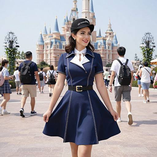 Photograph of a smiling woman in a navy blue Disney-themed uniform with white trim, black cap, and belt, walking in front of a busy crowd