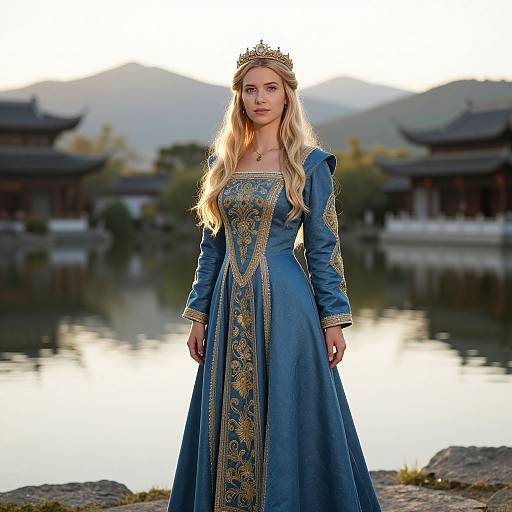 Photograph of a blonde woman in a blue, gold-embroidered medieval-style dress and tiara, standing by a serene lake with traditional East
