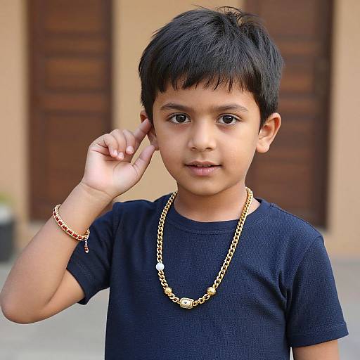 Photograph of a young boy with dark hair and brown eyes, wearing a black shirt and gold chain, touching his ear. Blurred brown door background