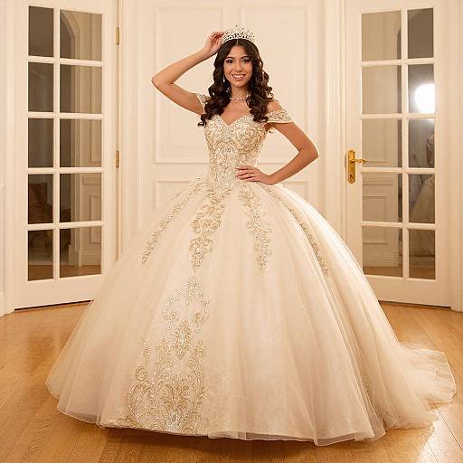 Photograph of a smiling woman with long black hair, wearing a full, white lace-embellished ball gown and tiara, standing in front