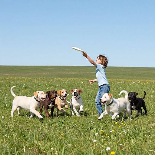 Photograph of a young boy in a blue shirt and jeans, throwing a white frisbee to a group of excited dogs in a sunny, grass
