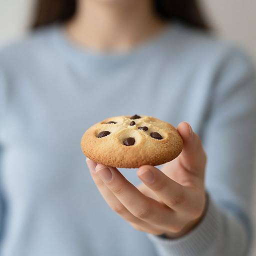 Photograph of a woman in a light blue sweater, holding a golden-brown chocolate chip cookie close to the camera.