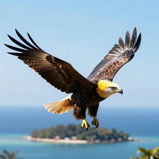 American Bald Eagle in Flight Over Tropical Island