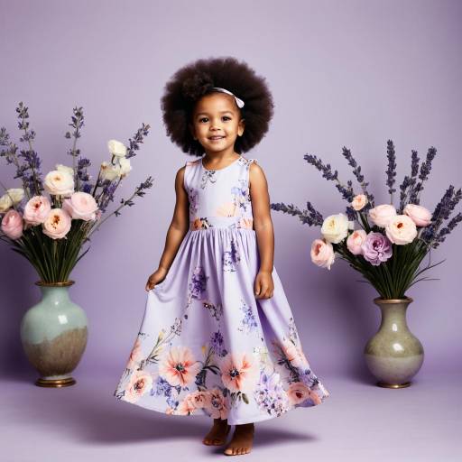 Smiling Girl in Floral Dress with Flower Vases