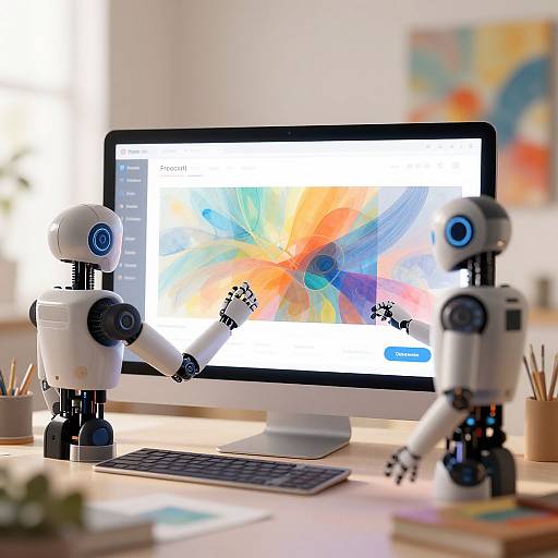 Photograph of two white robotic figures interacting with a colorful computer screen on a desk, surrounded by office supplies.